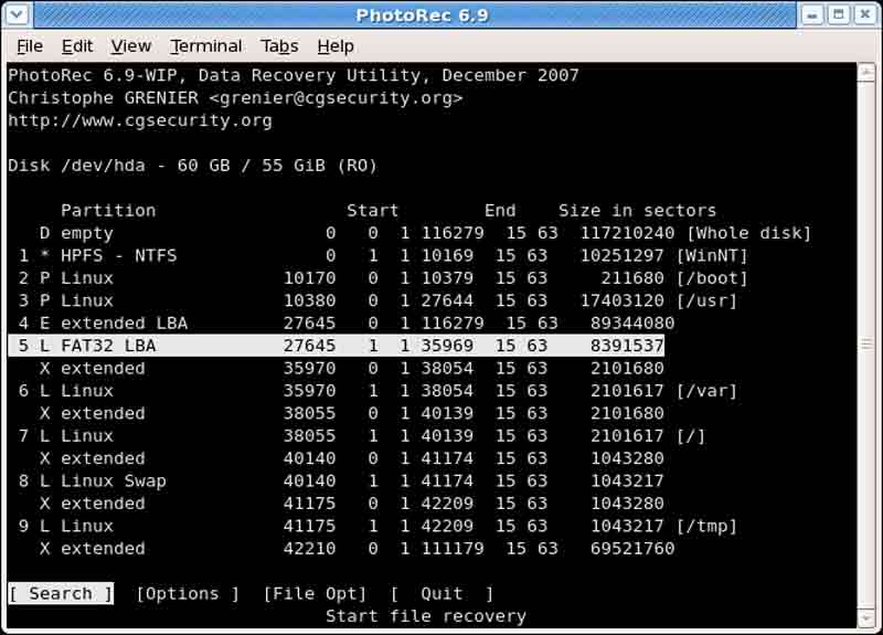 Recuperación de datos de Photorec
