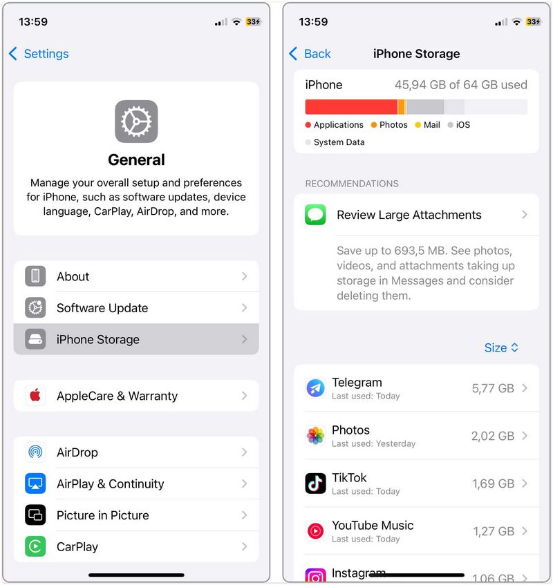 Comprobar el espacio en el iPhone