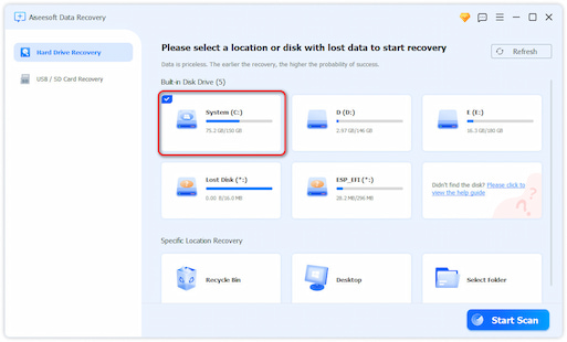 Seleccione el tipo de datos y la unidad de disco