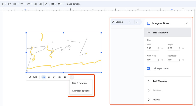 Agregar una firma en Google Docs Cambiar tamaño Editar