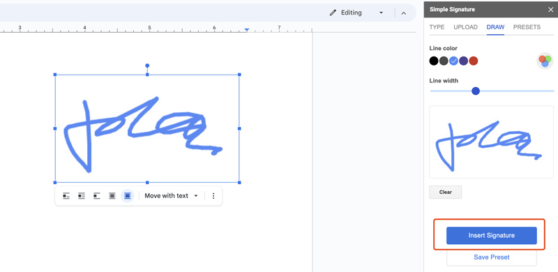 Agregar una firma en Google Docs Firma simple