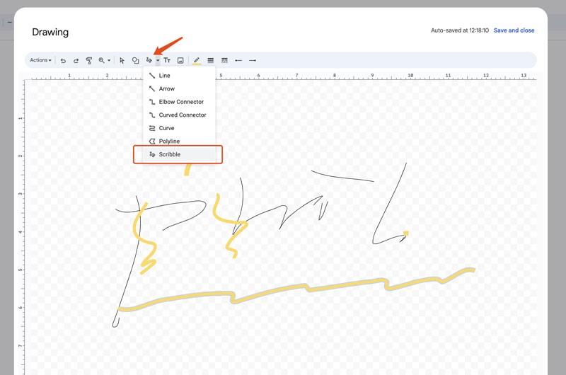 Dibujar una firma en Google Docs mediante un dibujo