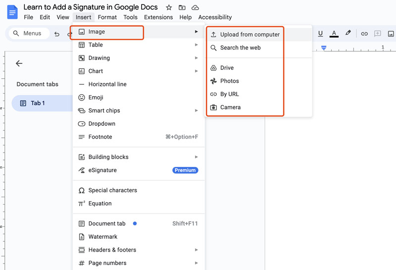 Insertar una imagen de firma en Google Docs