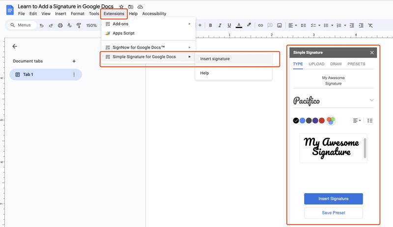 Insertar firma en Google Docs con firma simple