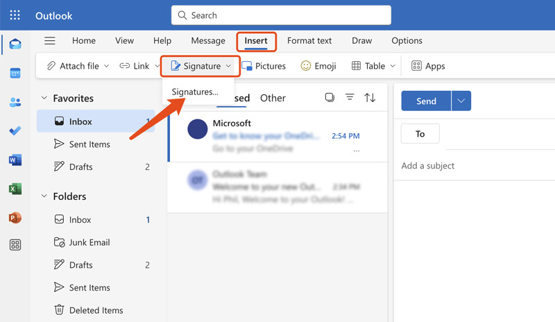 Insertar firma en Microsoft Outlook-web