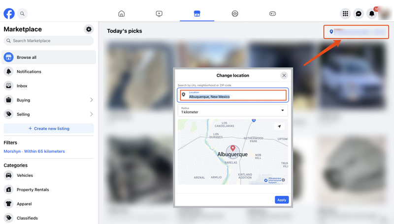 Cambiar ubicación en el sitio web de Facebook Marketplace