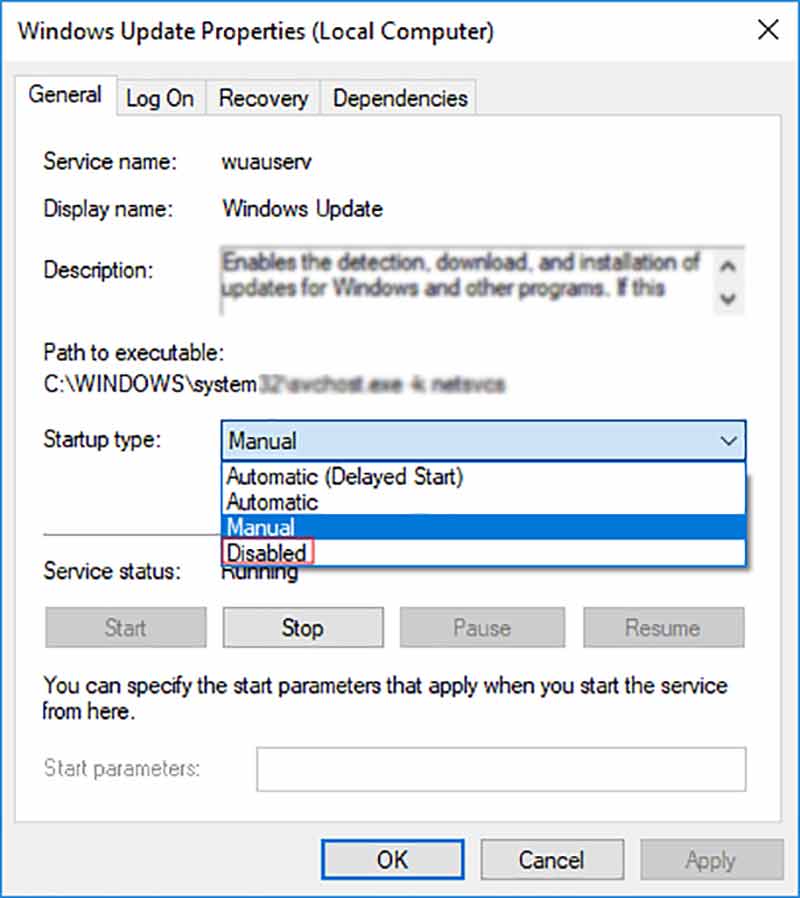 Disable Windows Update Services Startup Type