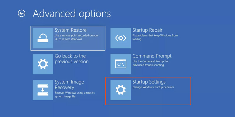 Configuración de inicio de Opciones avanzadas de Windows