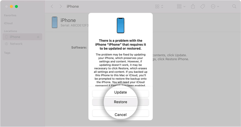 Eliminar el código de acceso de la restauración del Finder de iPhone