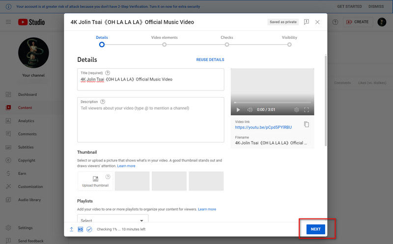 Configuración de vídeo 4K del sitio web de YouTube