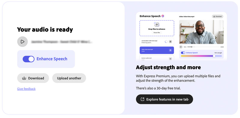 Comprobar voz mejorada Adobe Enhance Speech