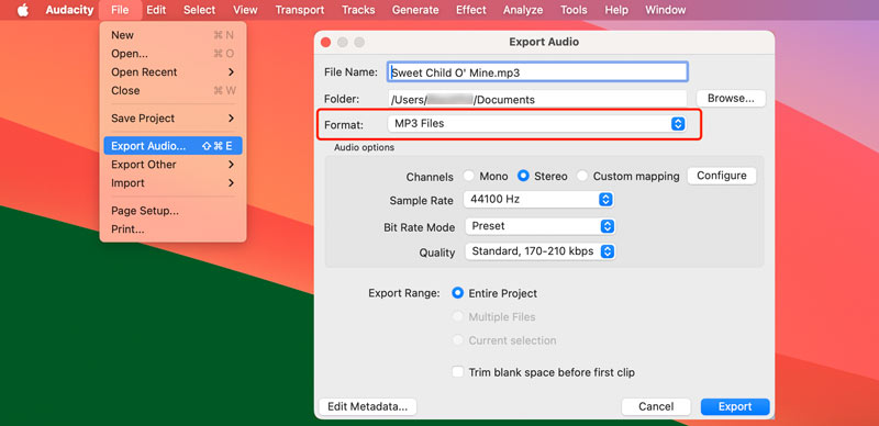 Cambie AIFF a MP3 en Mac Audacity