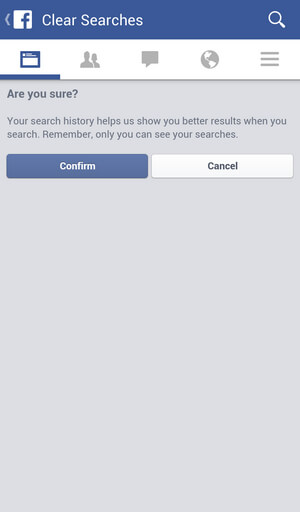Confirme para borrar el historial de búsqueda de Facebook en un teléfono Android o iPhone