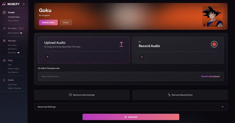 Generador de voz Musicfy AI Goku