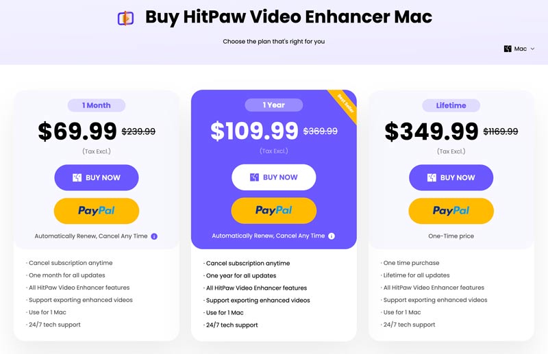 Hitpaw AI Video Enhancer Price for Mac