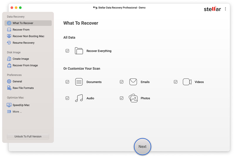 Stellar Data Recovery para Mac Seleccionar tipos de datos