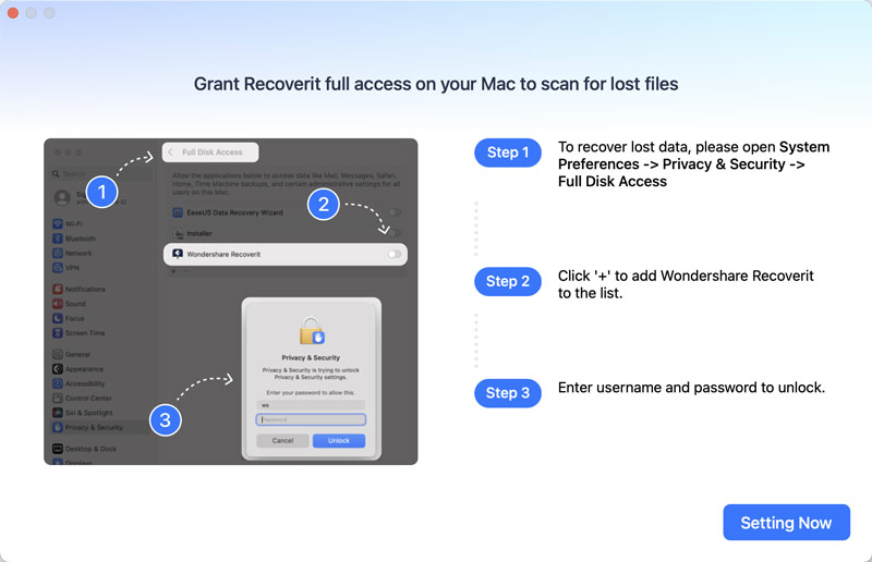 Otorgar acceso completo a Wondershare Recoverit Mac