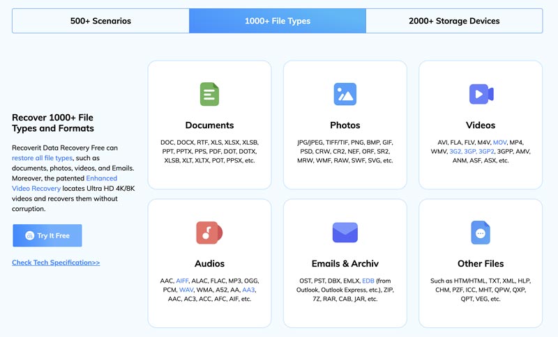 Tipos de archivos compatibles con Wondershare Data Recovery