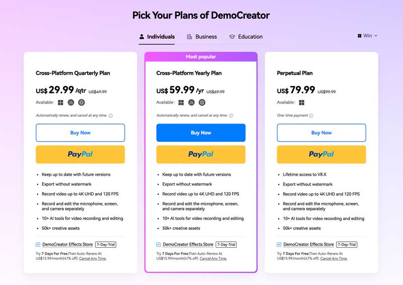 Precios de Wondershare DemoCreator Planes pagos