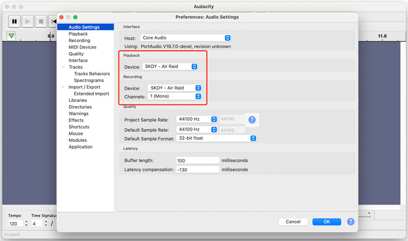 Dispositivo de configuración de audio Audacity