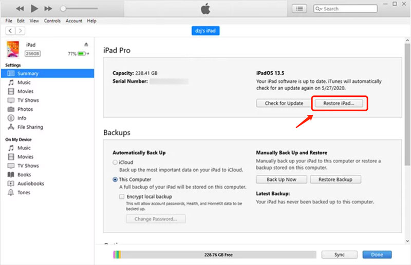 Use iTunes para restaurar el código de acceso de reinicio del iPad