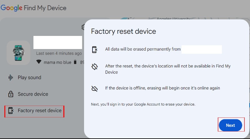 Haga clic en Restablecer dispositivo de fábrica