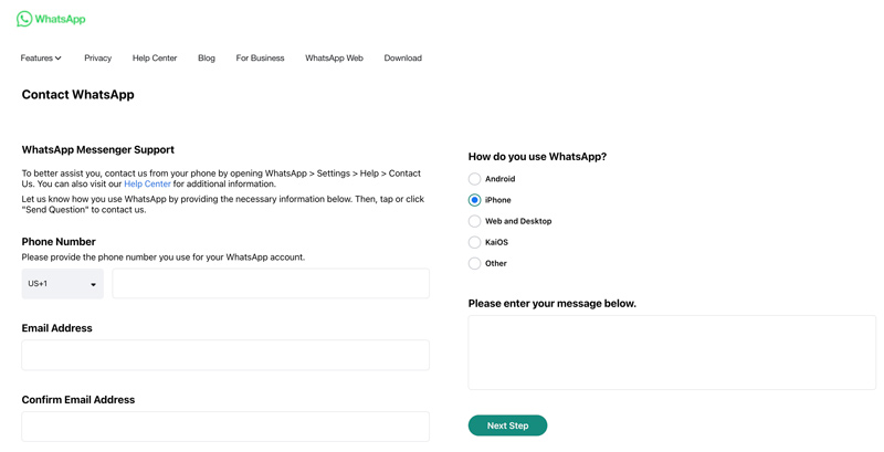 Póngase en contacto con el soporte de Whatsapp Messenger en la Web