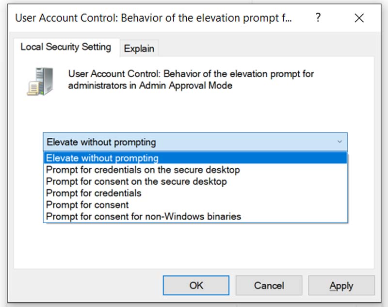 Local Security Settings Elevate Without Prompting