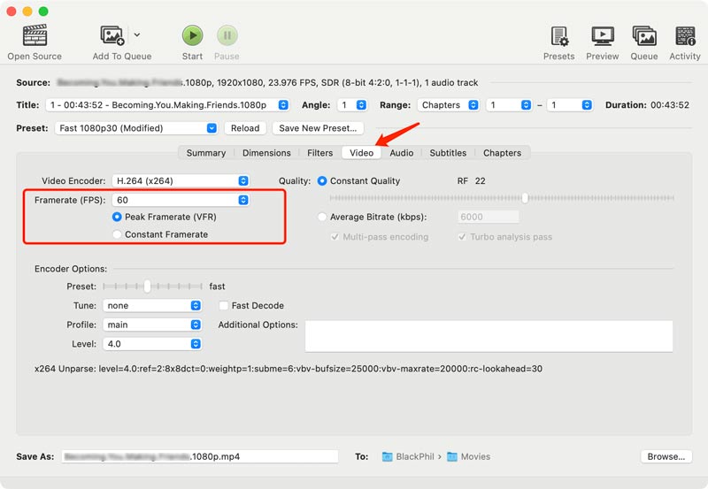 Change Frame Rate of Video in Handbrake