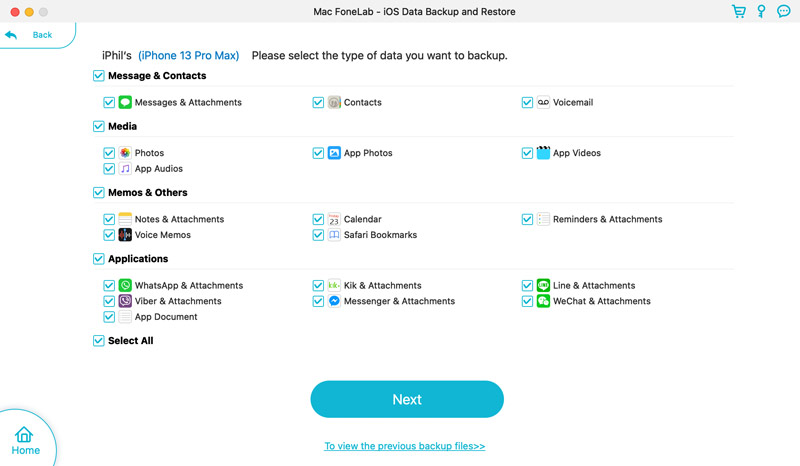 Select Data Types to Back up