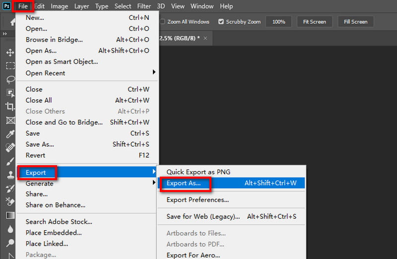 Select Export As in PS