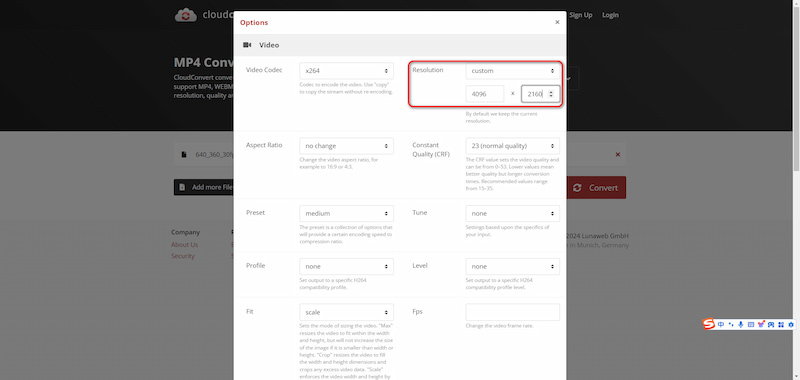 Input 4K Resolution in Cloudconvert