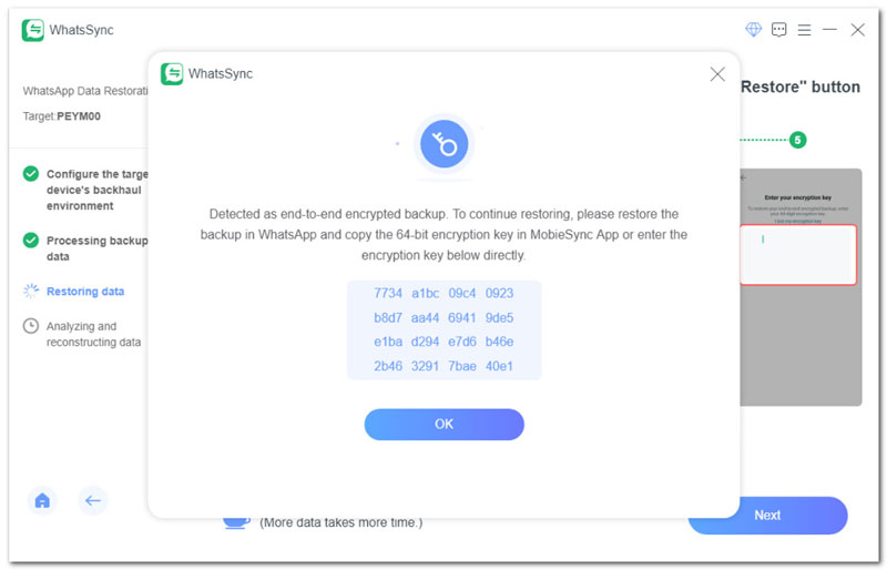 Ingrese la clave de cifrado de 64 dígitos para restaurar datos